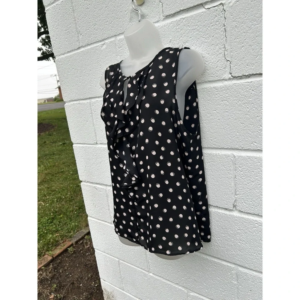 Elle Black White Polka Dot Ruffle Neck Sleeveless Blouse Top XXL Peach Lightet - Picture 3 of 7